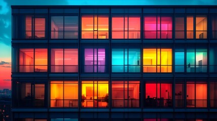 A building with many windows, each with a different color