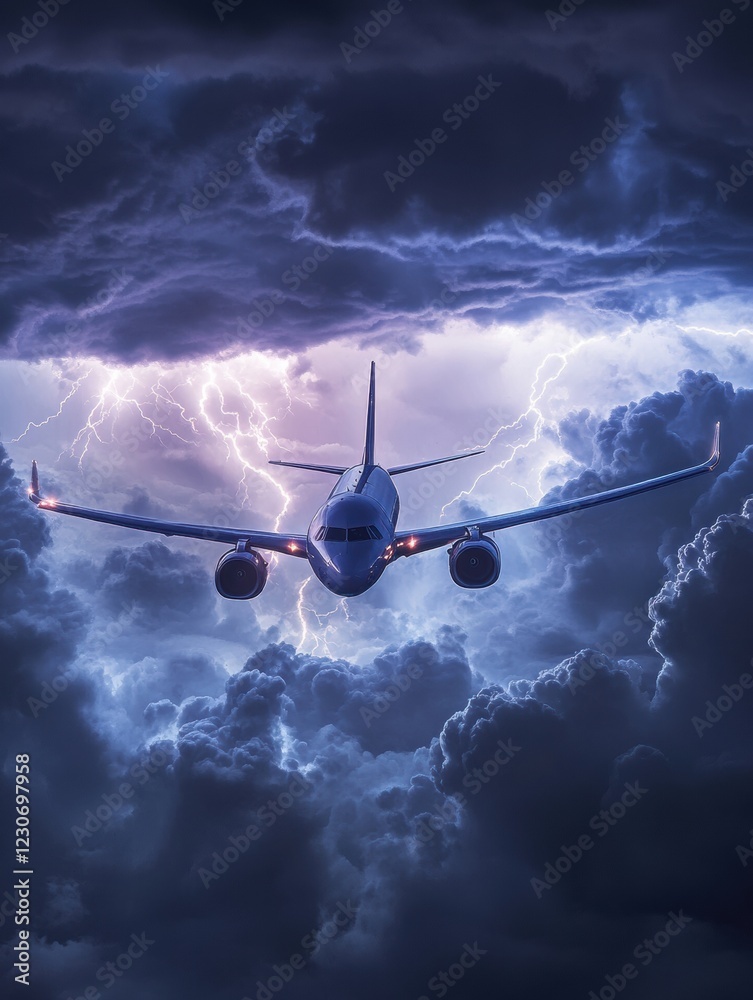Poster Airplane navigates through turbulent storm clouds filled with lightning and dark skies. Generative AI