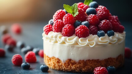 Delicious cheesecake topped with fresh raspberries and blueberries, set against a blurred background