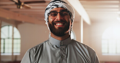 Happy, mosque and portrait of Muslim man with smile in religious building for prayer, worship and...