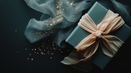 A top view of a dark blue gift box with a gold satin ribbon, set against a dark backdrop, includes space for holiday or Christmas present text