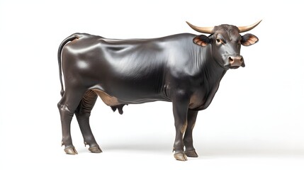 A large, dark-colored bull stands majestically against a white background.