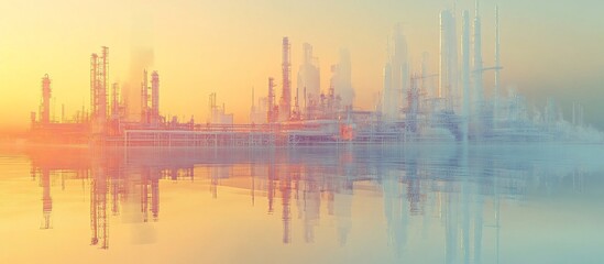 Fototapeta premium Ethereal sunset over a serene industrial landscape with reflections in calm waters