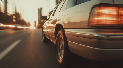 Fototapeta premium A beige sedan drives on a city highway at sunset.
