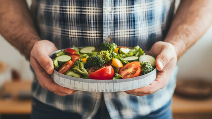Fresh vegetable salad served in bowl wrapped with measuring tape. Healthy eating and portion control for Diet Resolution Week. Concept of balanced nutrition, weight management and wellness background
