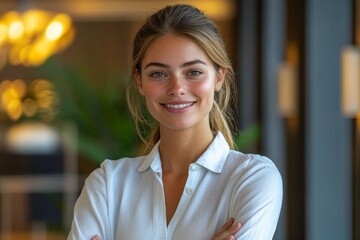 Young woman with a warm smile stands confidently in a modern office environment with natural light