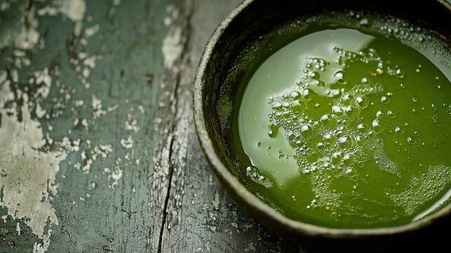   A bowl brimming with emerald elixir perched atop an aged wooden table, flanked by peeling paint on the adjacent wall