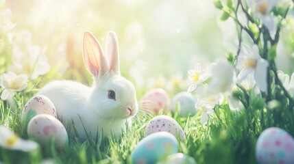 Fototapeta premium White Bunny Amidst Easter Eggs and Spring Flowers