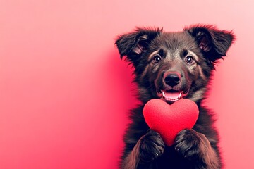 Cute anatolian shepherd dog pooch with critter toy red heart - emblem of love, funny greeting card. Anatolian shepherd dog - my treasured dog. Ad campaign idea. Valentine's dog stories.