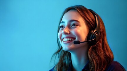 Happy customer service or call center female representative wearing a headset is smiling while assisting clients in a modern office with blue lighting
