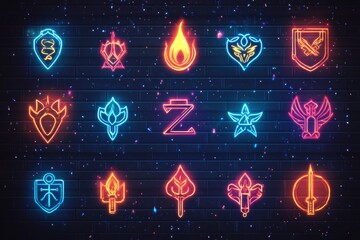 Colorful neon symbols arranged in a grid on a dark brick wall with a starry background at night