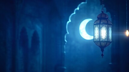 Ornate lantern casts a soft glow in a dimly lit, mystical blue archway. The crescent moon in the background enhances the enchanting atmosphere, evoking a sense of tranquility and wonder