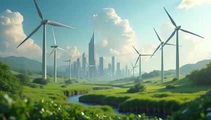 AI controlled turbines operate in a vibrant green landscape, generating renewable energy while a futuristic city rises in the background under a bright sky