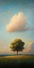 Solitude's Embrace: A Serene Landscape Painting of a lone tree under a dreamy sky, evoking peace and tranquility.