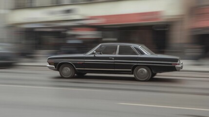 Black classic car speeding on city street, motion blur.