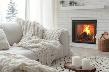Fototapeta premium Cozy winter evening in a modern living room with a warm fireplace and soft textures