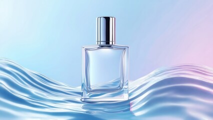Clear glass perfume bottle resting on soft waves under a gradient backdrop