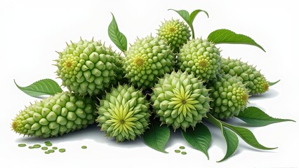Fresh green fruits displayed with leaves arranged on a plain surface