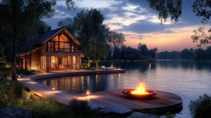 Fototapeta premium Lakeside Log Cabin Retreat Evening Ambiance