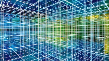 3D grid of light blue lines on a green background