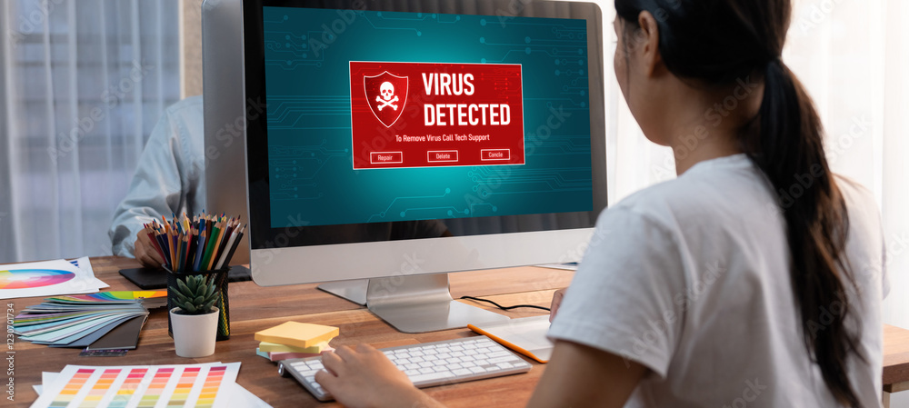 Poster Virus warning alert on computer screen detected brisk cyber threat , hacker, computer virus and malware