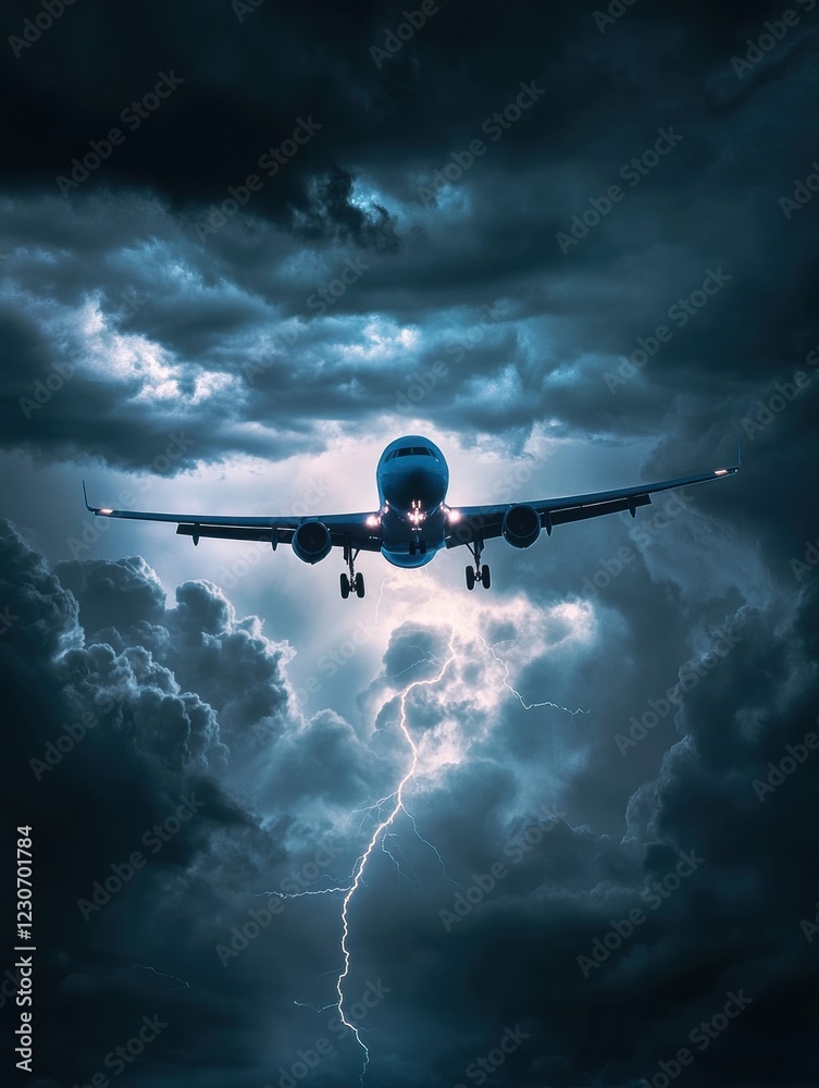 Poster airplane navigates through turbulent stormy clouds under ominous lightning at dusk. generative ai