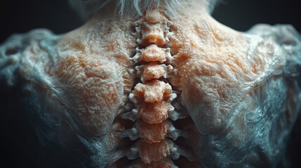 Close-up of a human skeleton with translucent skin, revealing the spine and ribs.