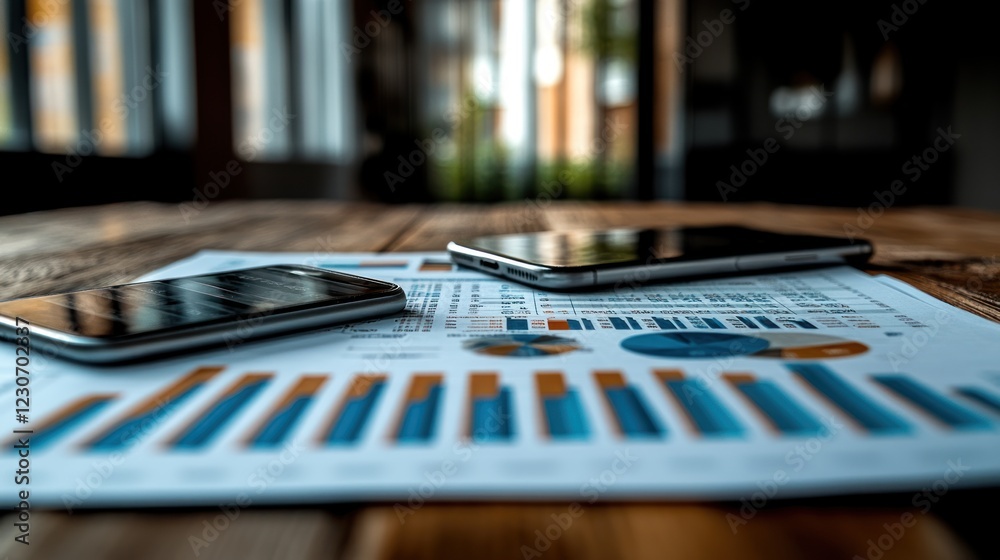 Poster smartphones resting on financial data charts and graphs