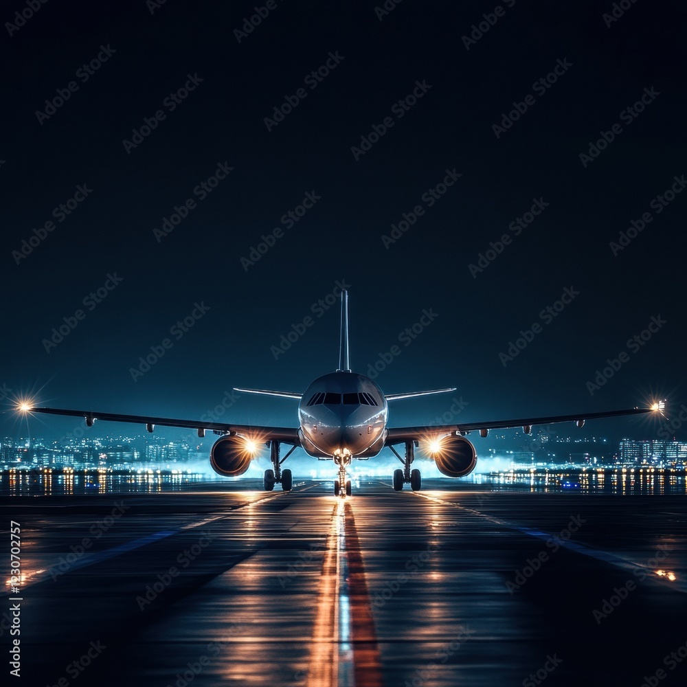 Poster airplane positioned on illuminated runway at night with glowing navigation lights and city skyline i