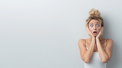 Fototapeta premium Young woman expressing shock and disbelief while standing against a light gray background with raised hands on face