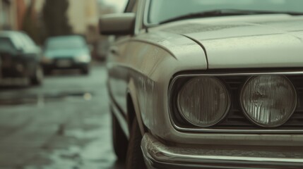 Close-up of vintage car headlight on city street.