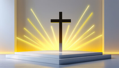 Easter themed product display podium background, Minimalist cross design, geometric cross, soft white, pastel yellow, symbolize the resurrection, ad, podium platform, product presentation space