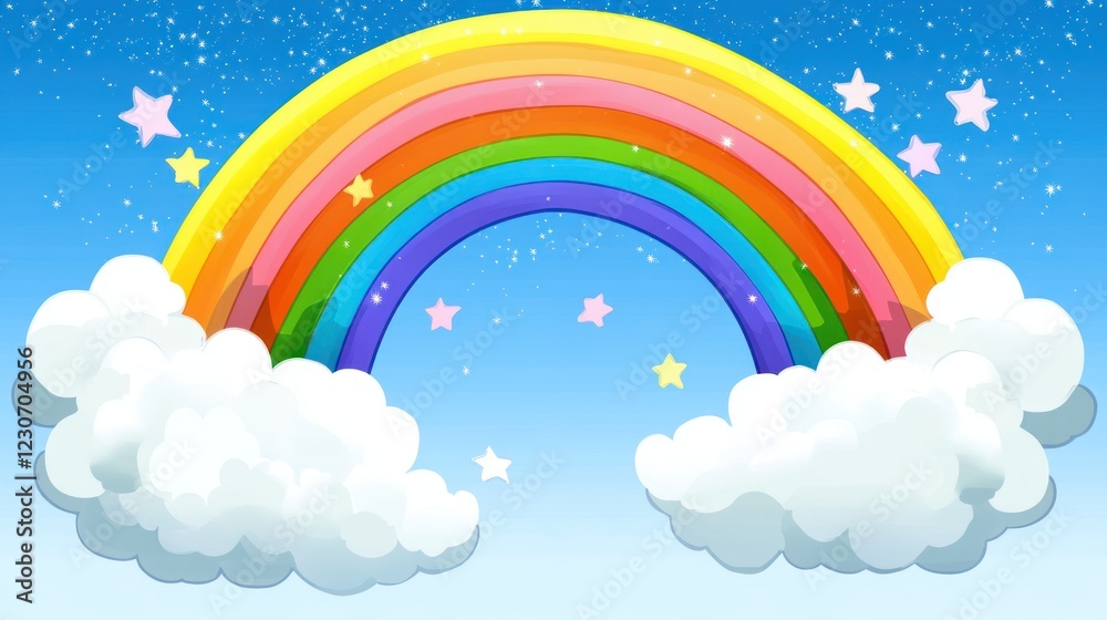 Poster rainbow arcing across a sky filled with fluffy clouds and stars