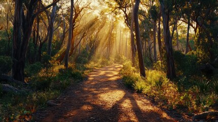 Sunbeams illuminate a dirt path through a lush forest.