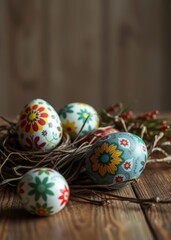 Beautiful easter eggs with colorful patterns decoration on wooden table easter egg holiday illustration celebration easter