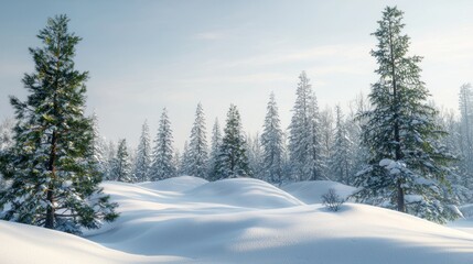 Snow-covered pine forest on a sunny winter day.