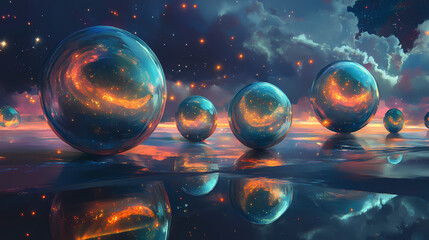 A crystalline field of spheres, each containing an abstract universe of swirling nebulas and distant stars, floating on a reflective surface with ethereal glow. Crystal Fields. Illustration