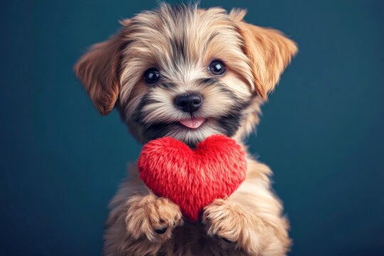 Cute havanese canine with fluffy red heart - sign of love, funny greeting card. Havanese - my preferred dog. Ad campaign idea. Love and companionship. Valentine's dog love. Love and devotion.