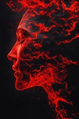 Fiery face profile, dark background, digital art, album cover