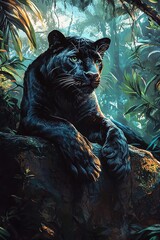   A black tiger sits majestically on a rock in the jungle, its paw resting confidently as it gazes at the camera with piercing eyes