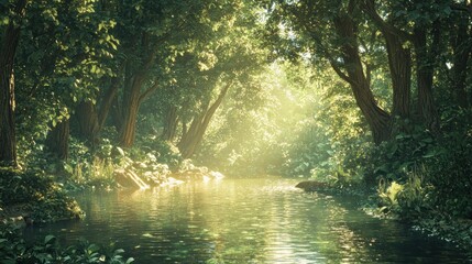 Obraz premium Sunlit stream flows through lush green forest. (1)