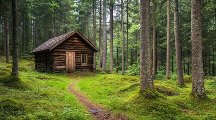 Wooden Cabin Nestled Within Lush Green Forest