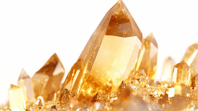 A striking golden crystal formation with sparkling highlights, glowing vividly against a clean white background. Crystal Fields. Illustration