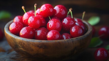 A bowl of red cherries with green leaves on the table