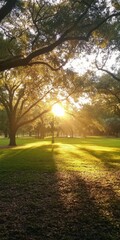 Naklejka premium Sunlight filters through trees in a peaceful park, casting golden rays on the lush green grass.
