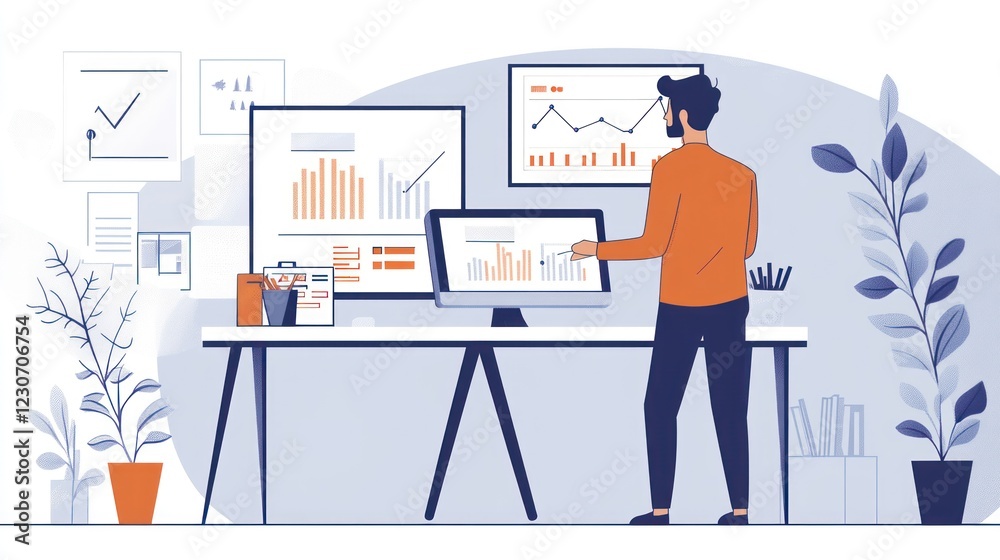 Poster Man Analyzing Data Charts and Graphs at His Desk