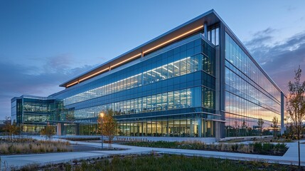 Obraz premium Modern glass office building at dusk. (1)