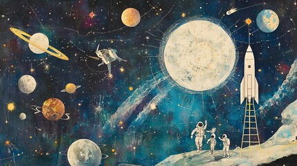 A cosmic scene showcases a starry sky with a full moon, astronauts, planets, and the Ursa Major constellation. A rocket and asteroids accompany the celestial bodies