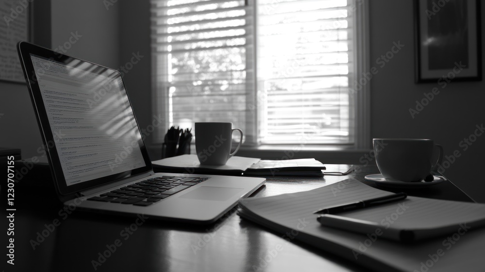 Poster laptop notebook and coffee cups on a desk near a window