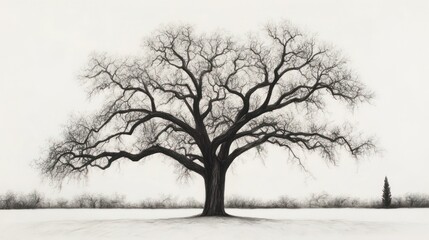 Lone tree winter landscape, field background, nature photography, print